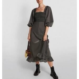 Ganni Seersucker Striped Smocked Square Neck Balloon Sleeve Midi Dress 34 / 2